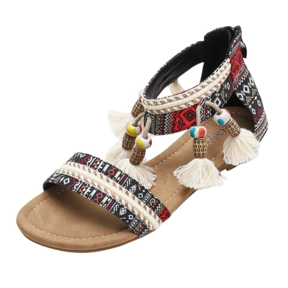 Women's Boho Tribal Beaded Sandals Size 37 Tassel Aztec‎ Gladiator Flat Summer